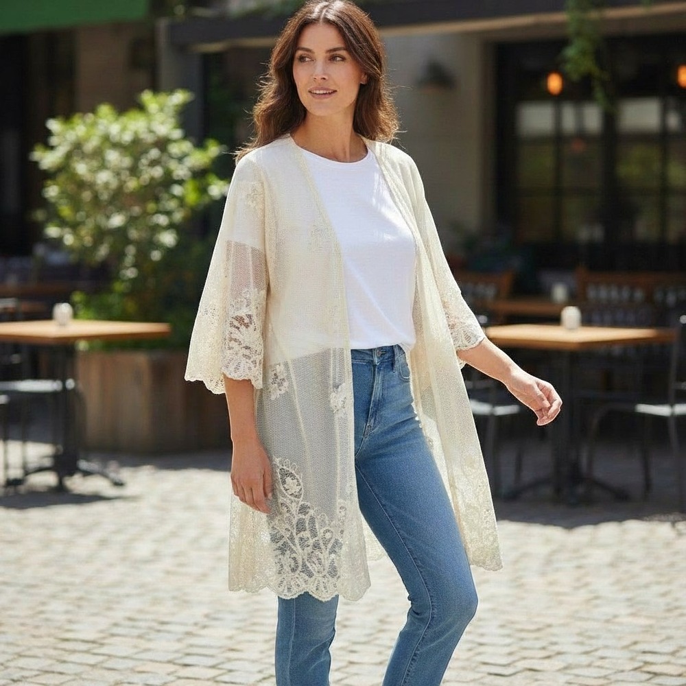 Daytrip Womens XL Lace Embroidered Kimono Cardigan Cream Mesh Floral Open Front